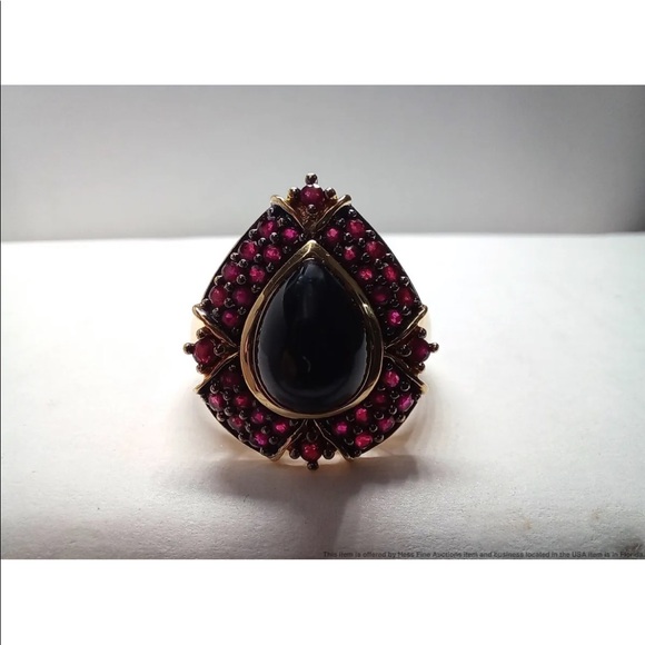 Onyx cabochon with rubies 14K gold - Picture 2 of 7
